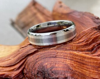 Beveled Titanium Silver Stripes Ring, Wedding, Anniversary Band