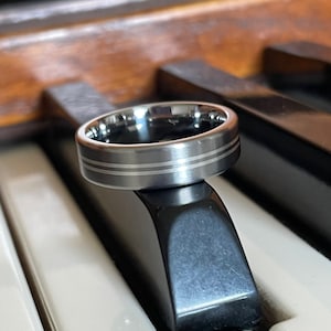 Titanium Ring with Double Silver Pinstripes, Wedding Band, Unisex, Satin Finish
