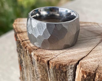 Wide Faceted Titanium Wedding Band: Modern Ground Profile Ring