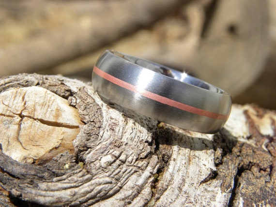 Matching Bands Titanium with Copper Stripe Inlay Satin Ring Set