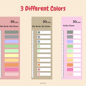 Puede incluir: Tres blocs de notas de diferentes colores con 10 muestras de color cada uno. Los blocs de notas están etiquetados como "My Book. My Notes.", "My Book. My Rules." y "Sticky Notes".