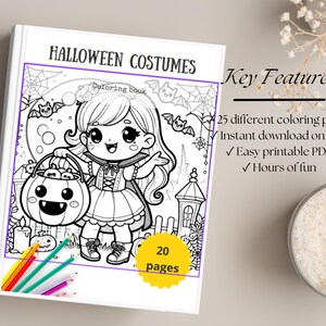 May include: A black and white coloring book cover featuring a girl dressed as a vampire holding a pumpkin. The cover says "Halloween Costumes Coloring Book" and "20 pages".