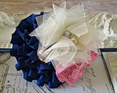 Navy cream and pink headband, ribbon flower, pink bow