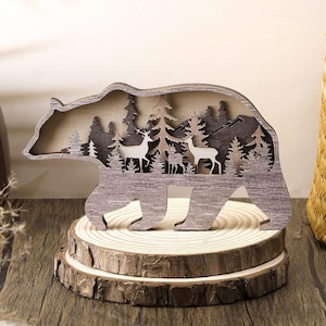 Arquivo de corte a laser gravado em camadas 3D de madeira de urso selvagem, ornamento de estatuetas de decoração Glowforge faça você mesmo, modelo de criação, arquivo Svg Dxf Eps Jpg Pdf Png
