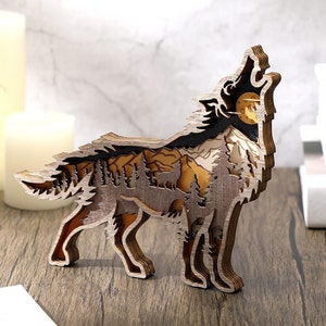 Arquivo de corte a laser gravado em várias camadas de madeira de lobo 3D exclusivo, ornamento de estatuetas de decoração Glowforge faça você mesmo, modelo de criação, Svg Dxf Eps Jpg Pdf Png
