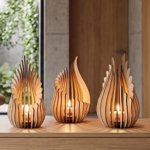 3 Pcs Modern Lantern Laser Cut Bundle Files, Wood Tealight Candle Holder (SVG, DXF)