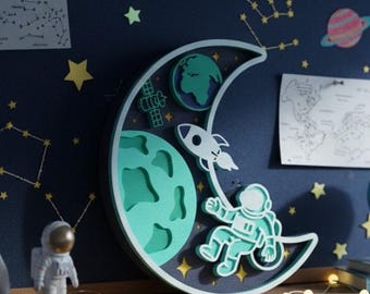 Moon Space Layered 3D Wooden Laser Cut File, Laser Multilayer Space Astronaut Theme Cut Glowforge, Silhouette Xtool Download Svg Dxf File