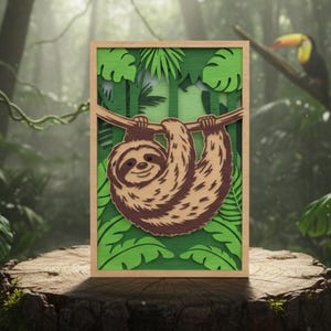 May include: A framed, layered wood art piece featuring a smiling sloth hanging from a branch. The sloth is brown and tan, set against a green jungle background with layered leaves. The frame is a light brown color.