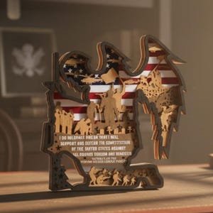 Puede incluir: Una decoración de madera en forma de águila con un diseño de bandera estadounidense y una cita. El diseño en capas presenta siluetas de soldados y el texto "I DO SOLEMNLY SWEAR..." en un tema patriótico. El águila se exhibe en un escritorio de madera.