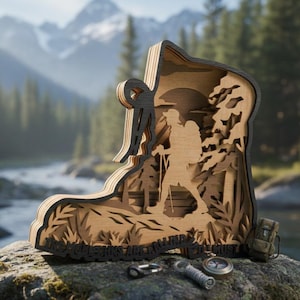 Peut inclure: Une œuvre d'art en bois multicouche en forme de chaussure de randonnée, représentant un randonneur et un paysage de montagne. La pièce est en bois brun clair avec un bord foncé. Une boussole, un mousqueton et un sac à dos sont devant la botte. Le texte dit : "Les meilleures vues se trouvent après les ascensions les plus difficiles."