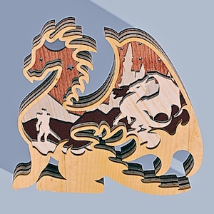 May include: A wooden dragon sculpture with intricate details, layered in different shades of brown and red. The dragon is depicted with its wings spread, and a castle is visible in the background.