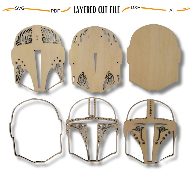 May include: Six layered wooden cutouts of a Mandalorian helmet, each with different levels of detail. The cutouts are arranged in two rows of three. The top row shows the helmet with increasing levels of detail, while the bottom row shows the helmet with decreasing levels of detail.