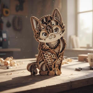 Puede incluir: Figura de gato de madera con un intrincado diseño en capas. El gato está hecho de varias tonalidades de madera marrón, con patrones detallados y una expresión caprichosa. La figura está sobre una superficie de madera.