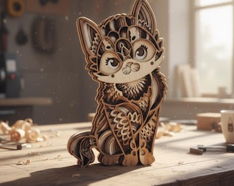 May include: A wooden cat figurine with intricate layered design. The cat is made of various shades of brown wood, with detailed patterns and a whimsical expression. The figurine is sitting on a wooden surface.