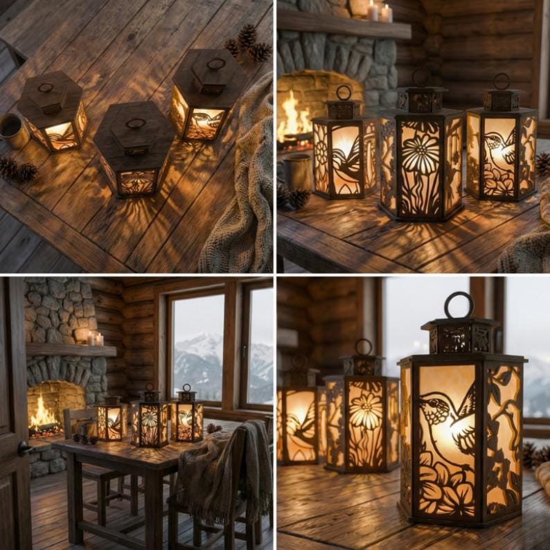 May include: Wooden lanterns with intricate cut-out designs, showcasing hummingbirds and floral patterns. The lanterns are illuminated, casting warm light and shadows. The lanterns are placed on a wooden table, creating a cozy, rustic ambiance.