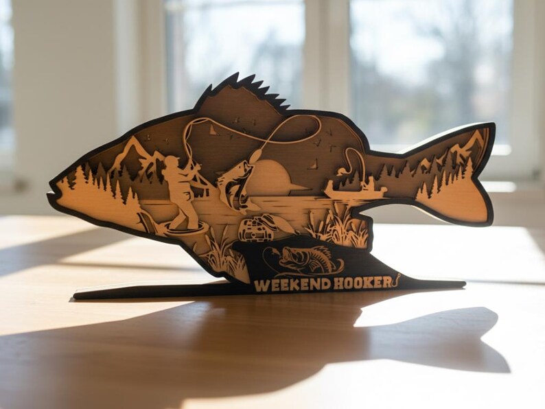 May include: A layered wooden fish-shaped art piece with a fishing scene. The design features a fisherman, a boat, and a fish jumping out of the water. The text "WEEKEND HOOKER" is at the base.
