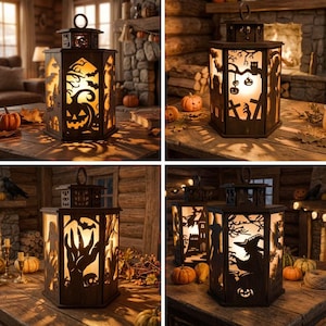 Puede incluir: Conjunto de cuatro faroles decorativos de Halloween. Cada farol es de color marrón oscuro con intrincados diseños recortados que representan calabazas, murciélagos, árboles y brujas. La iluminación interna crea un brillo cálido y acogedor.