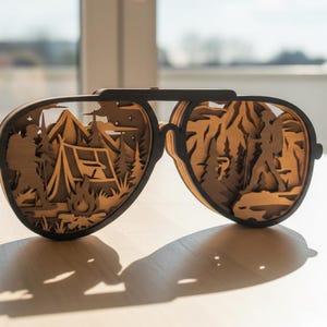 May include: Wooden sunglasses-shaped art piece with a camping scene carved inside. The sunglasses have a black frame and a detailed depiction of mountains, trees, a tent, and a campfire. The art piece is sitting on a light-colored surface.