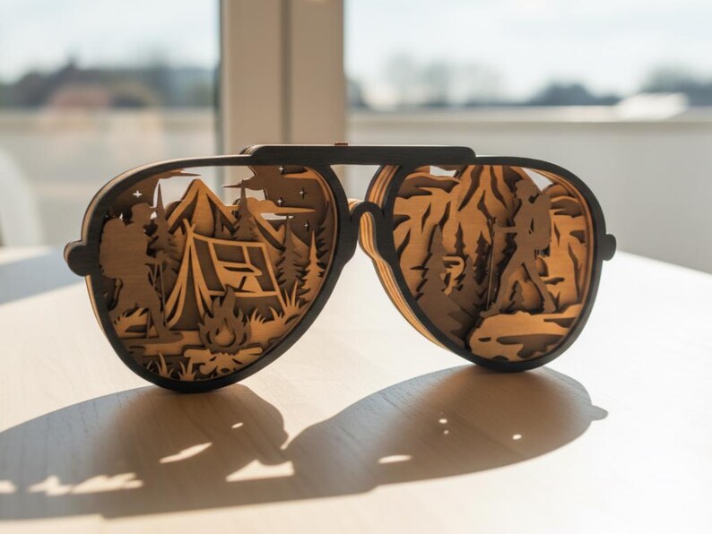 May include: Wooden sunglasses-shaped art piece with a camping scene carved inside. The sunglasses have a black frame and a detailed depiction of mountains, trees, a tent, and a campfire. The art piece is sitting on a light-colored surface.