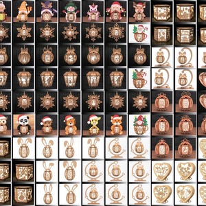 Puede incluir: Una colección de adornos y faroles de madera cortados con láser, con varios diseños festivos. Los adornos incluyen copos de nieve, figuras de animales y formas de corazón. Los faroles muestran patrones intrincados y temas navideños.