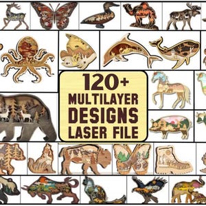 Könnte beinhalten: Eine Sammlung von lasergeschnittenen Mehrschichtdesigns mit verschiedenen Tieren und Naturszenen. Das Bild zeigt einen Bären, einen Schmetterling, einen Delfin und andere Wildtiere. Der Text im Bild lautet "120+ MULTILAYER DESIGNS LASER FILE."