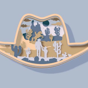 Western Cowboy Hut 3D Multilayer Holz graviert Laser Cut Datei, Dekoration Ornament Glowforge SVG Dxf Eps Jpg Pdf Png Xtool Laser Cut Datei