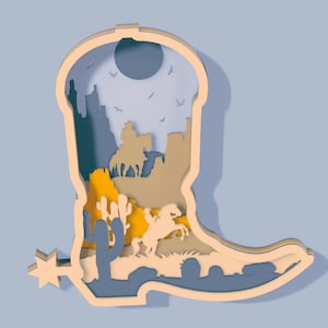 Cowboy Boot 3D Wild Western Multilayer Holz graviert Laser Cut Datei, Dekoration Ornament Glowforge SVG Dxf Eps Png Xtool Laser Cut Datei