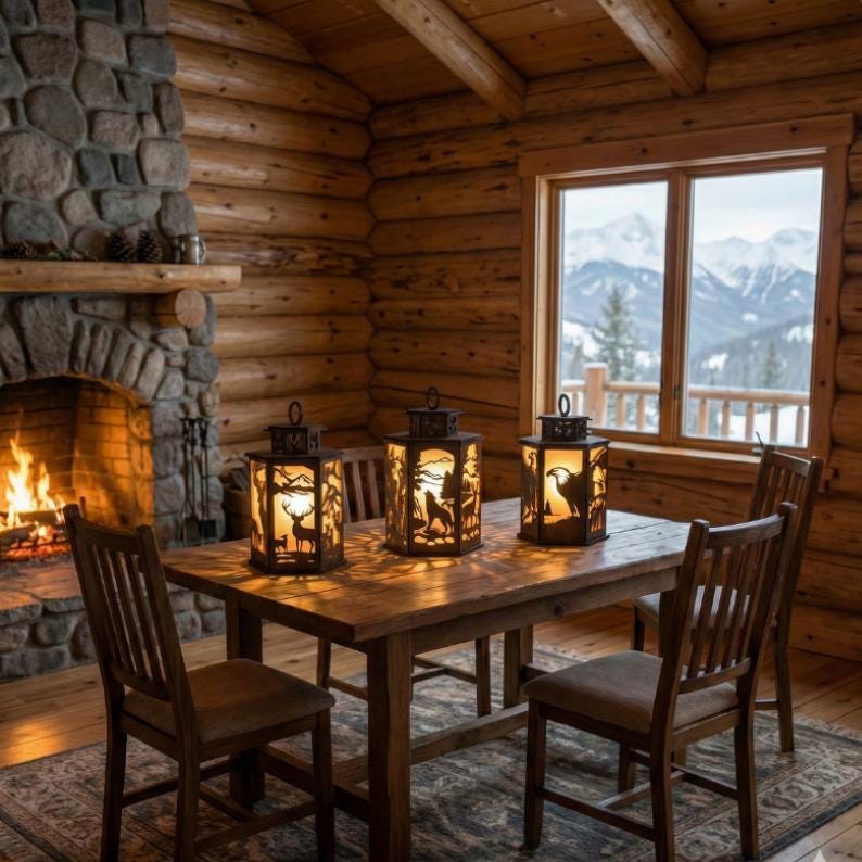 May include: Three decorative metal lanterns with wildlife silhouettes, including a deer, wolf, and eagle, sit on a wooden table. The lanterns are lit, casting a warm glow in a rustic cabin setting with a stone fireplace.
