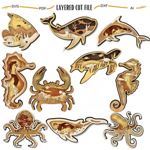 14x MEGA Bundle Ocean Animals Multistrato 3D Legno Inciso Laser Cut File, Decorazione Ornamento Glowforge Make, Svg Dxf Eps Jpg Pdf Png File