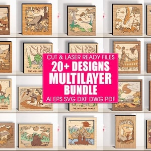 20+ Pacote 3D Forest Farm Multicamadas Madeira Gravado Arquivo de Corte a Laser, Decoração Ornamento Glowforge Make, Svg Dxf Eps Jpg Pdf Png Xtool Arquivo