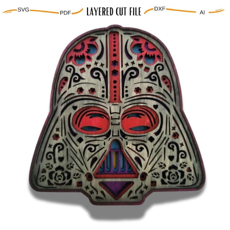 May include: A wooden cutout of Darth Vader's helmet in the style of a Day of the Dead sugar skull. The helmet is decorated with intricate floral patterns and colorful accents.