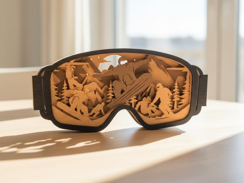 May include: Wooden decorative goggles with a layered design depicting a snowboarding scene. The goggles are black with a light brown interior, featuring silhouettes of skiers, trees, and mountains. The goggles are resting on a light-colored surface.
