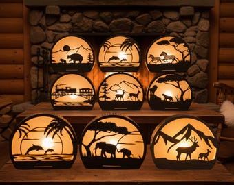 9x Pack Wild Life Wood Lantern Bundle Cutting File, Tealight Candle Holder Night Lamp Glowforge Set, 3D Silhouette Light Box Decor Xtool