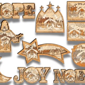 Pacote com mais de 10 designs de natividade 3D multicamadas de madeira gravada a laser, arquivo de corte, decoração, ornamento Glowforge Svg Dxf Eps Jpg Pdf Png Xtool File