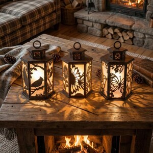 May include: Three decorative lanterns with intricate cut-out designs of a bird, sunflower, and butterfly. The lanterns are made of dark brown metal and sit on a rustic wooden table. Each lantern has a warm, glowing light inside.