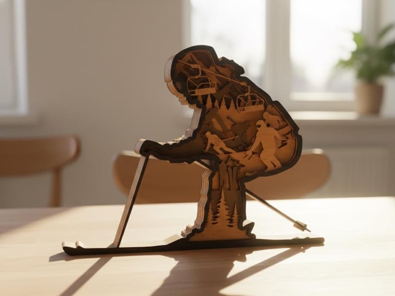 May include: A wooden sculpture of a skier in a downhill position. The sculpture is made of layered wood, with details of a ski lift, trees, and other skiers. The sculpture is brown and tan, and sits on a wooden table.