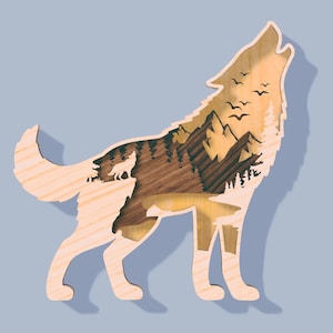 3D Multilayer Wolf Holz graviert Laserschneiden SVG-Datei, Dekorationsfiguren Ornament Glowforge DIY Make Model, svg Dxf Eps Jpg Pdf Png