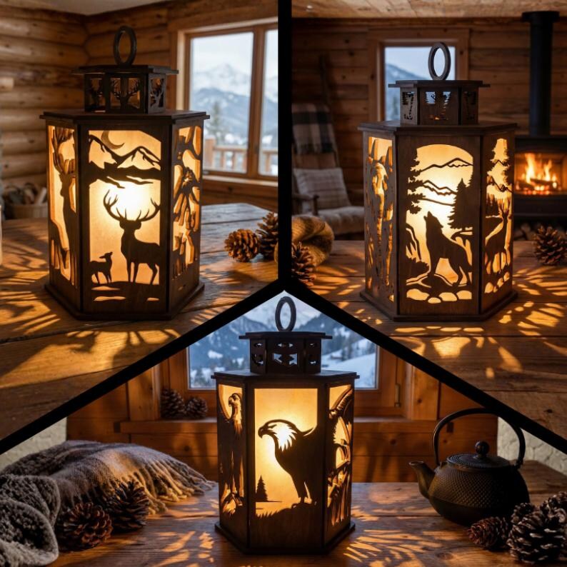 May include: Wooden lanterns with intricate cut-out designs. One lantern features a deer and fawn, another a howling wolf, and the third an eagle. Each lantern has a warm, inviting glow, perfect for rustic decor. The lanterns are approximately 12 inches tall.