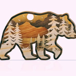 Mountain Bear 3D Layered Wooden Engraved Laser Cut File, Decoration Figurines Ornament Glowforge DIY Make Model Svg Dxf Eps Jpg Png File