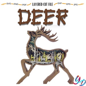 Multilayer 3D Wild Deer Wooden Engraved Laser Cut File, Decoration Figurines Ornament Glowforge DIY Make Model, Svg Dxf Eps Jpg Pdf Png File
