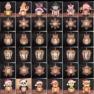 May include: A collection of Christmas-themed wooden ornaments and lanterns. The ornaments include snowflakes, bows, and various character designs such as Santa, gnomes, and animals. The lanterns are in the shape of houses and lanterns.