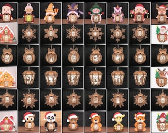 Pode incluir: Uma coleção de enfeites e lanternas de madeira com tema natalino. Os enfeites incluem flocos de neve, laços e vários designs de personagens como Papai Noel, gnomos e animais. As lanternas têm formato de casas e lanternas.