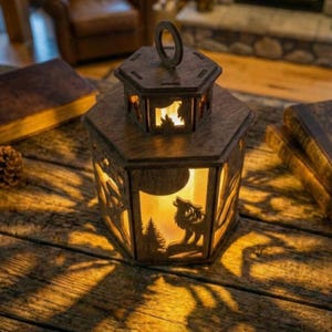 May include: A wooden lantern with a hexagonal shape and a handle. The lantern features cut-out designs of a wolf howling at the moon, trees, and a mountain range. The interior glows with a warm light, creating a cozy ambiance. The lantern is placed on a wooden surface.