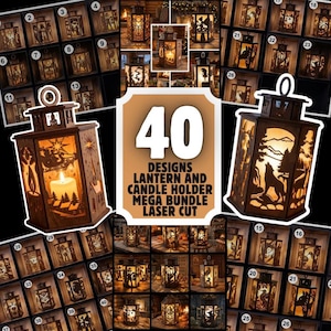Op de afbeelding: Een collectie van 40 lasergesneden houten lantaarn- en kaarsenhouders met diverse gedetailleerde silhouetten, waaronder een arrenslee, een wolf en bosscènes, met de tekst 40 DESIGNS LANTERN AND CANDLE HOLDER MEGA BUNDLE LASER CUT.