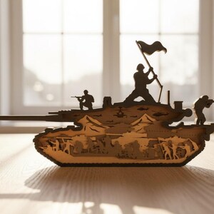 May include: A wooden tank sculpture with intricate cut-out details. Silhouettes of soldiers are positioned on the tank, with one holding a flag. The tank's interior depicts a battle scene. The sculpture is made of light brown wood.