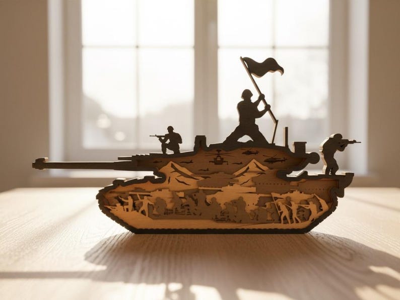 May include: A wooden tank sculpture with intricate cut-out details. Silhouettes of soldiers are positioned on the tank, with one holding a flag. The tank's interior depicts a battle scene. The sculpture is made of light brown wood.