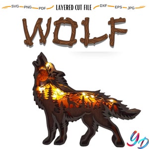 Multilayer 3D Wolf Wooden Engraved Laser Cut File, Decoration Figurines Ornament Glowforge DIY Make Model, Svg Dxf Eps Jpg Pdf Png File