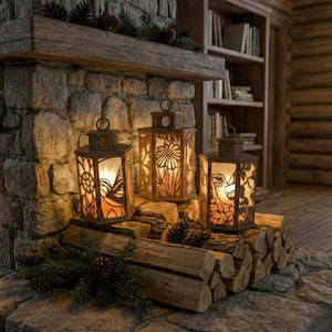 May include: Three decorative metal lanterns with intricate cut-out designs, each housing a warm, flickering light. The lanterns are placed on a stack of wooden logs, with pinecones and greenery adding to the rustic aesthetic. The lanterns are a warm brown color.