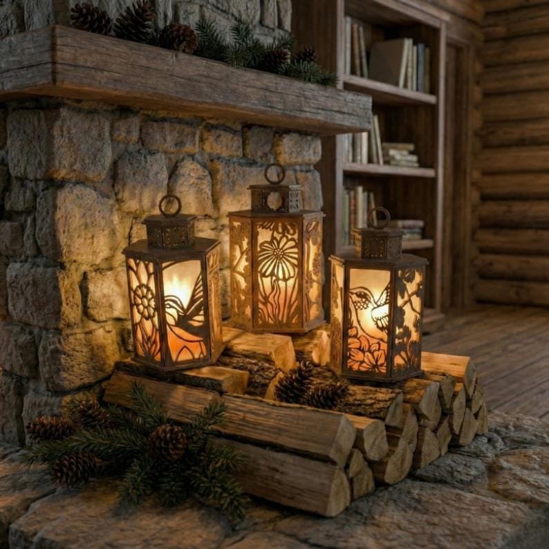 May include: Three decorative metal lanterns with intricate cut-out designs, each housing a warm, flickering light. The lanterns are placed on a stack of wooden logs, with pinecones and greenery adding to the rustic aesthetic. The lanterns are a warm brown color.