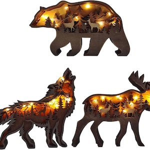 3 x bundel wilde dieren Wolf Bear herten 3D houten gelaagde lasergesneden bestand, decoratie beeldjes ornament Glowforge DIY maken model, Svg Dxf Eps